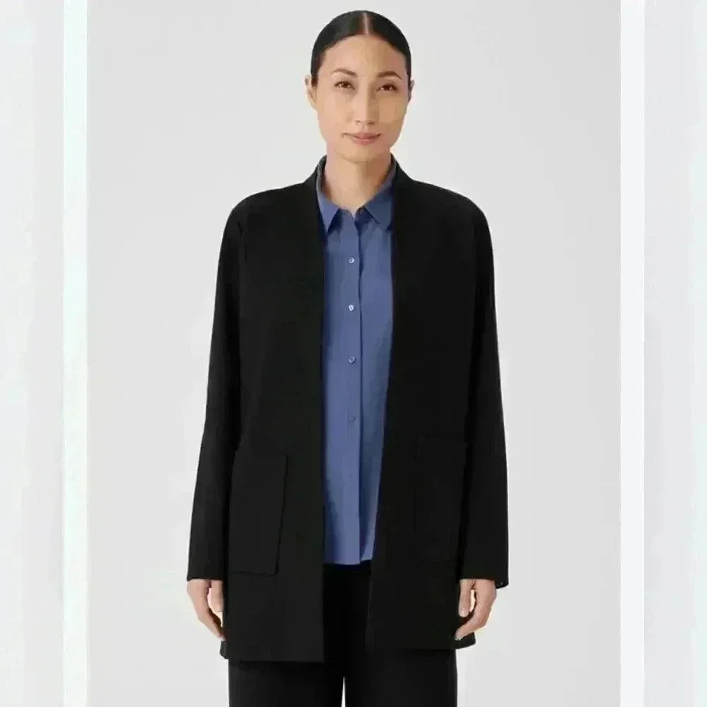 Eileen Fisher Blazer Jacket Womens Size PM Trim Open Front Ponte Silk Blend